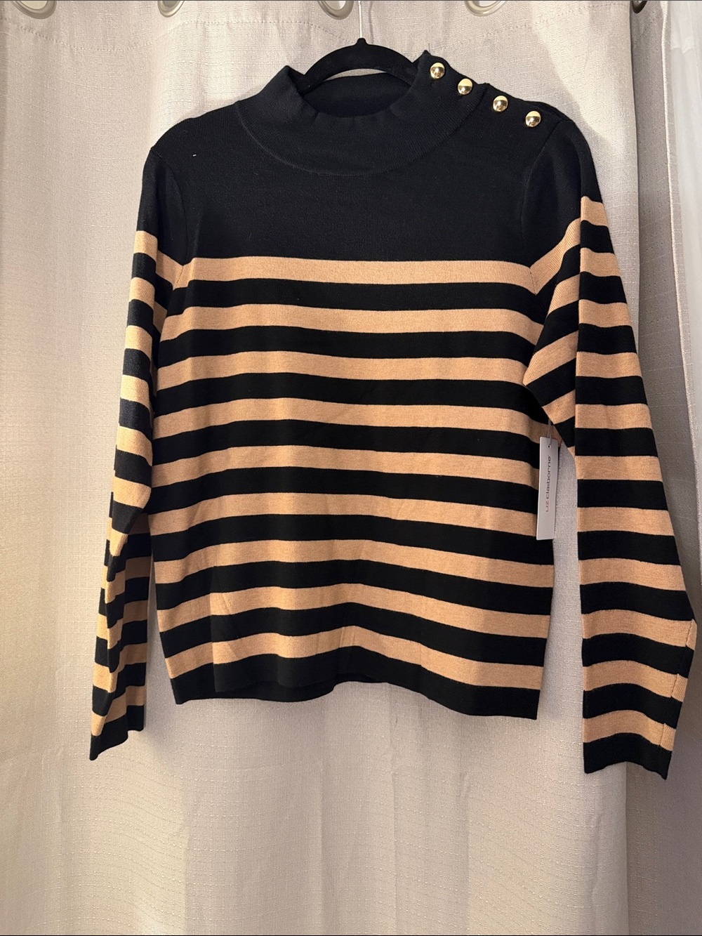 Liz Claiborne Black and Tan Striped Mock Neck Sweater with Gold Buttons